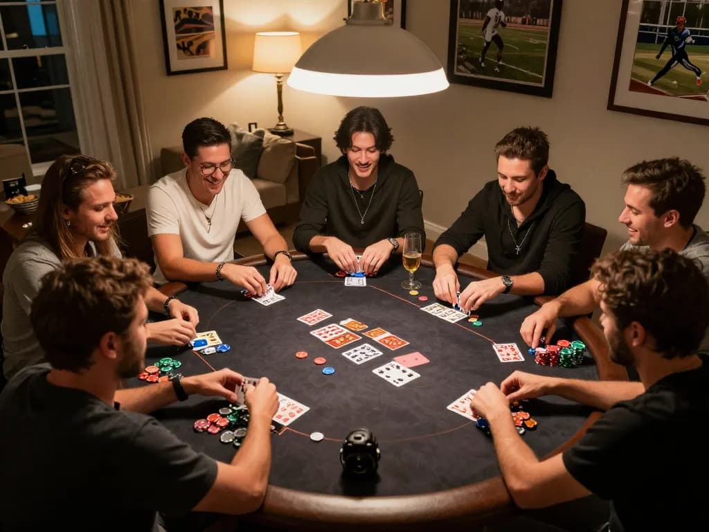 A lively home poker night where players engage in a challenging game while discussing kèo nhà cái strategies, enhancing the atmosphere of friendly competition.
