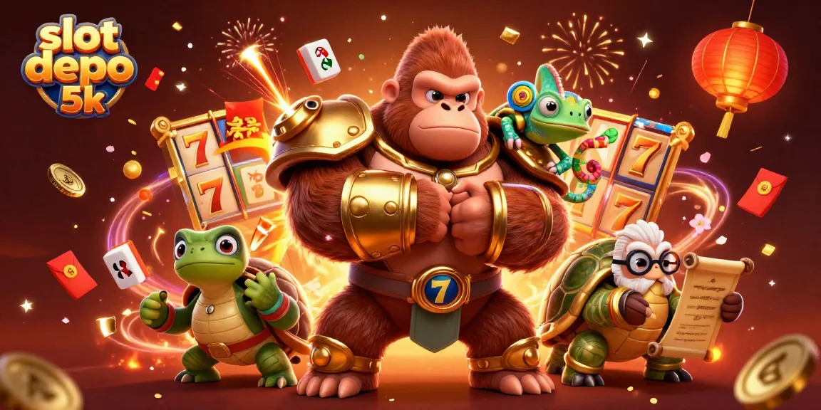 Experience the winning thrill with slot depo 5k featuring a vibrant cartoon gorilla king and golden slot elements.