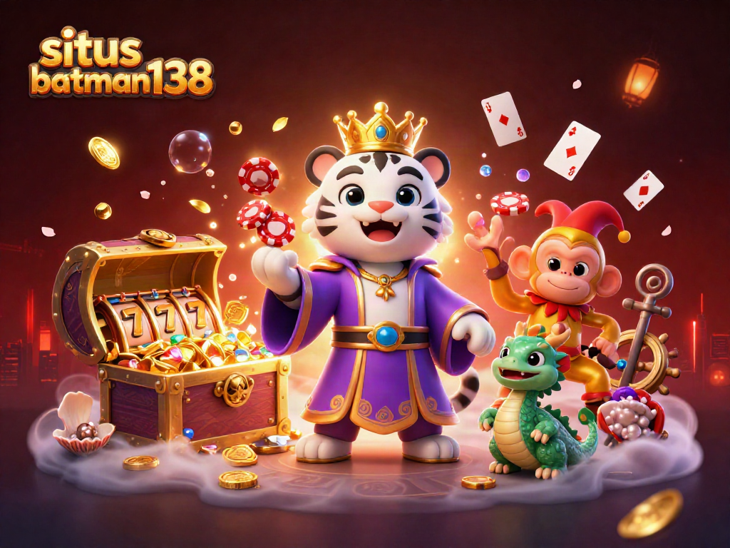 situs batman138 menghadirkan ilustrasi kasino 3D dengan harimau dan kera mengocok chip poker.