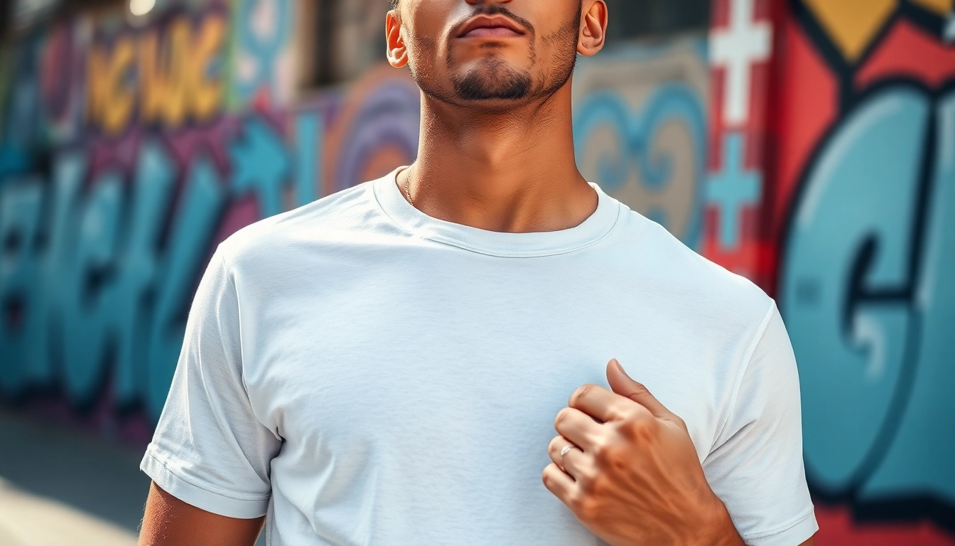 Showcase best blank t shirts displayed on a model against vibrant urban art.