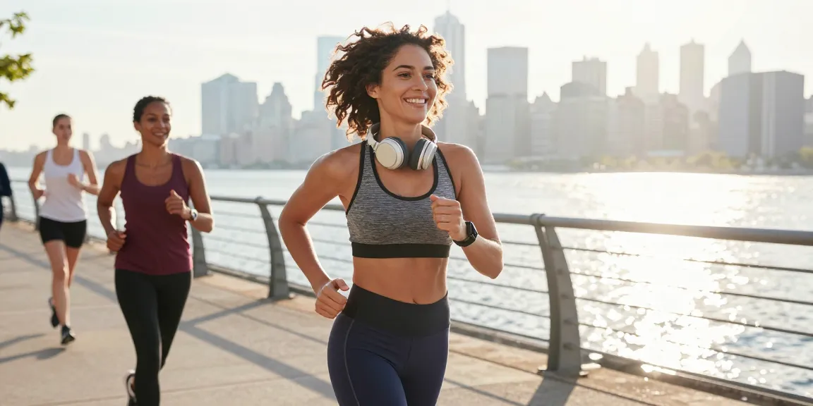 Wanita joging di tepi kota dengan Fitbit Luxe terlihat di pergelangan tangan dari https://www.polarfitbitshop.com/fitbit-luxe/.