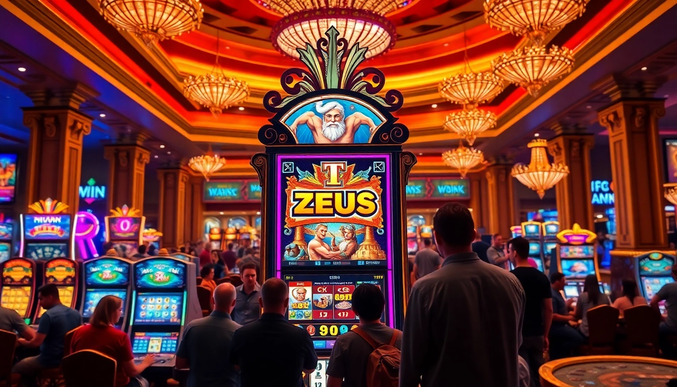 Players spinning the reels of the slot zeus machine in a luxurious casino setting.