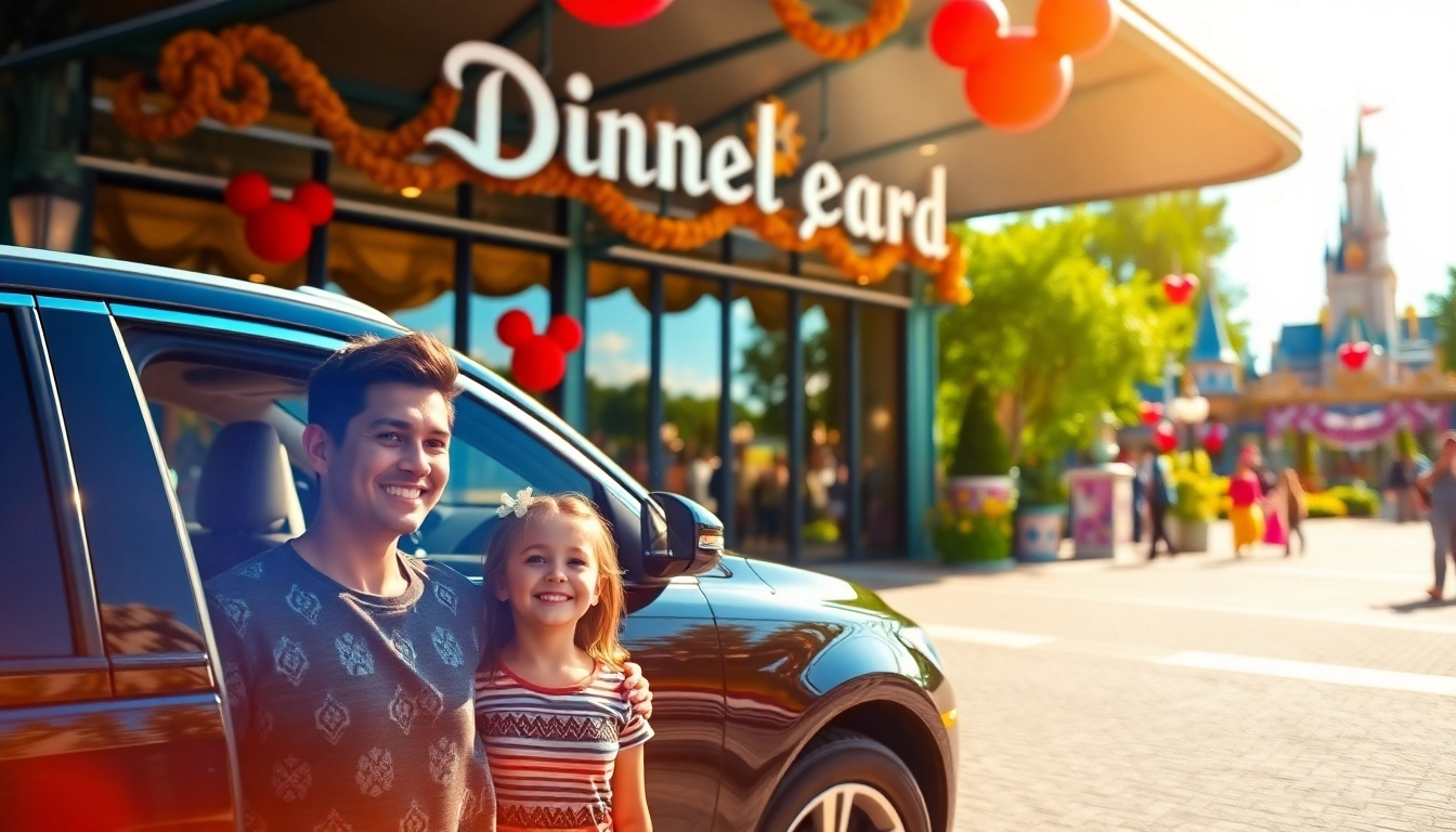 Experience Disneyland Paris airport transfer services with a vibrant family welcoming in front of the park.