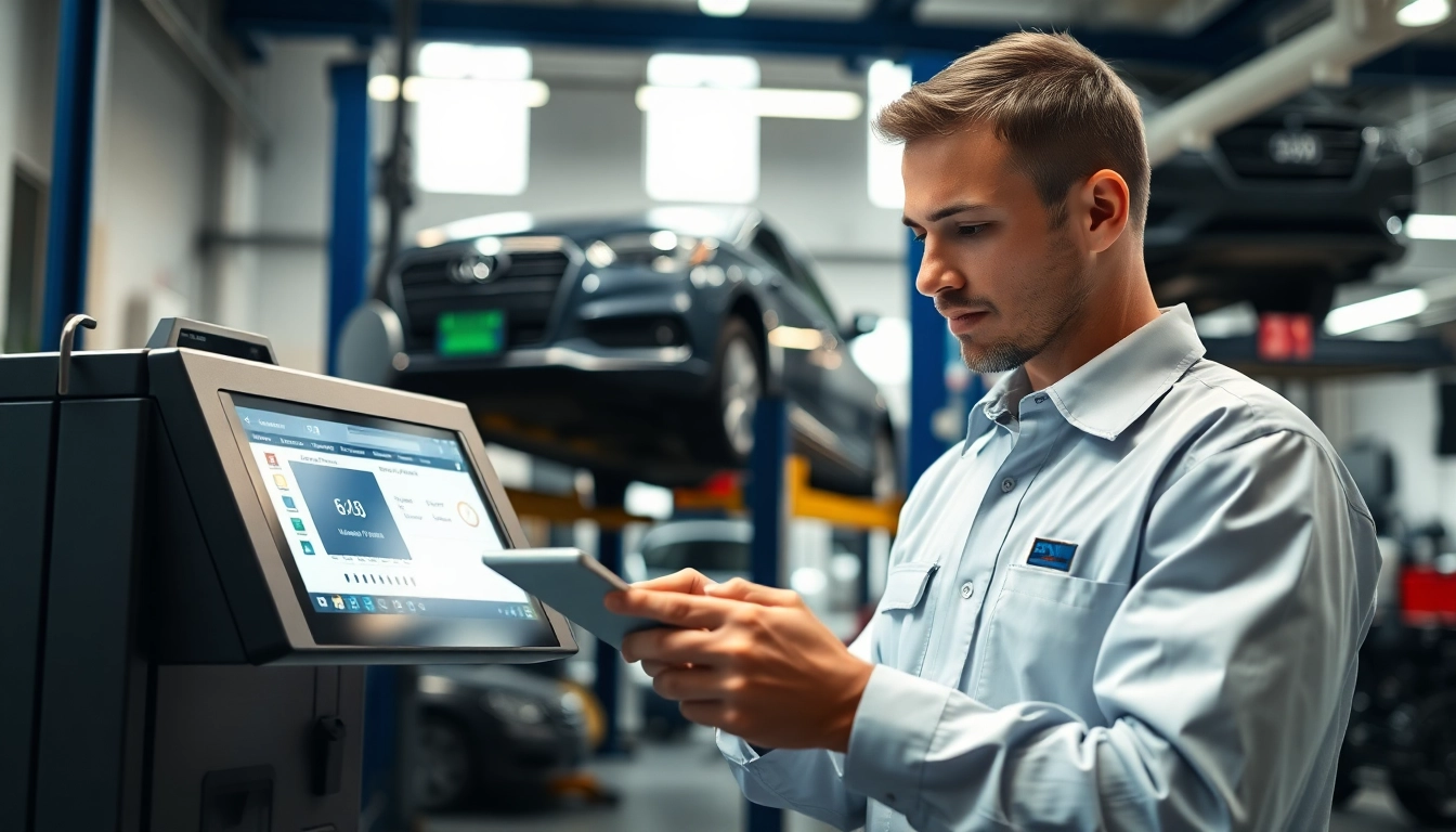 Technician performs a Smog Check in a bright garage, showcasing emissions testing equipment.