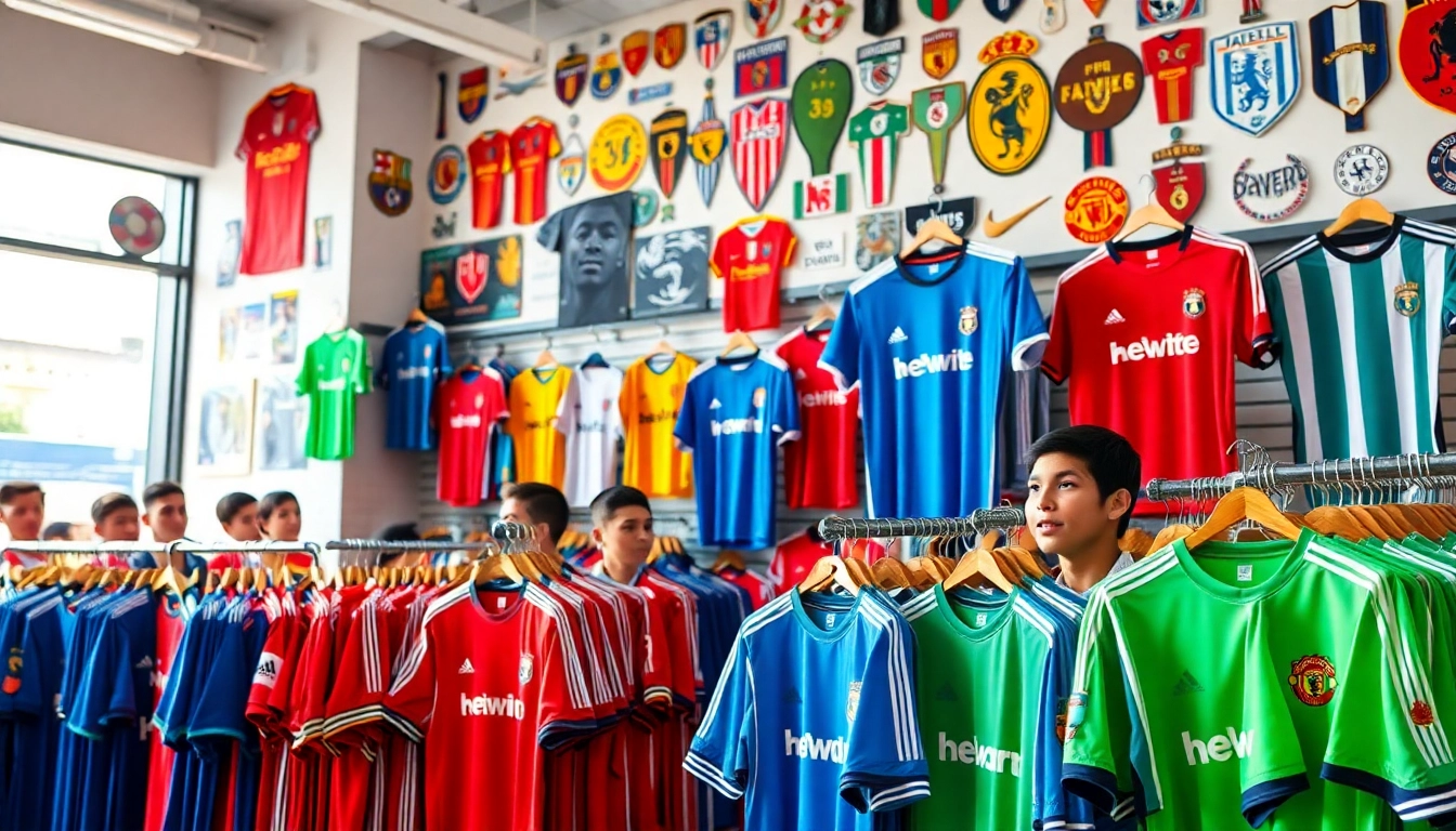 Shop vibrant cheap football kits in an energetic sports store filled with fans.