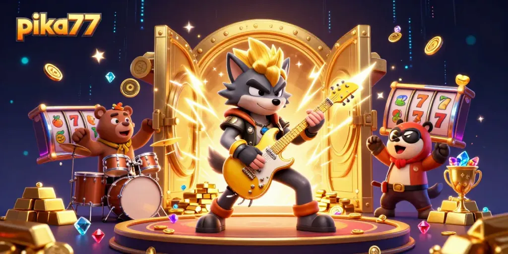 Engage with thrilling adventures at pika77 in an electrifying casino scene bursting with treasures and excitement.