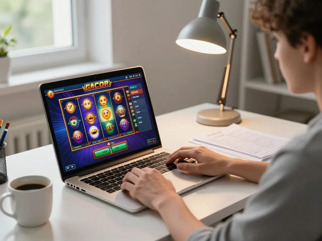Engaging in slot gacor gameplay on a laptop at home, showcasing colorful graphics and strategy.