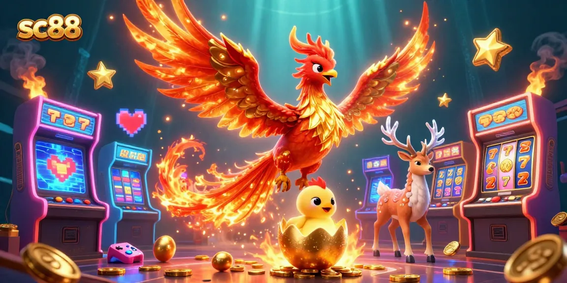 Experience exciting gambling adventures at sc88 with vibrant illustrations of phoenixes and slot machines.