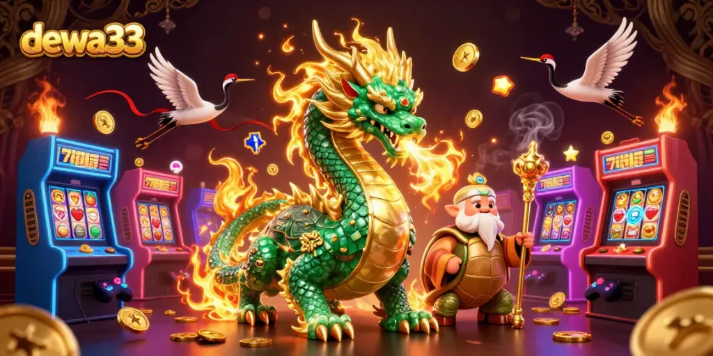Experience thrilling jackpots with dewa33's vibrant slot machines and lucky symbols in 3D illustration.