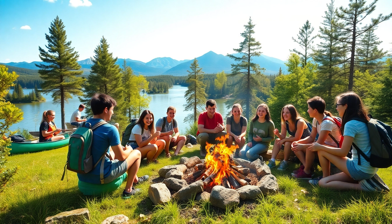 Teens engaged in canoeing and hiking at a vibrant teen summer camp under a blue sky.