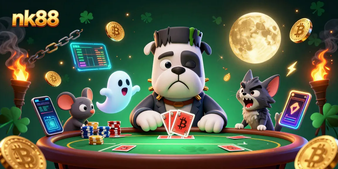 Engage with nk88 at a thrilling poker table featuring a Frankenstein bulldog and ghostly elements.