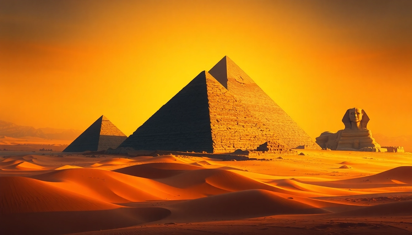 View of the piraminds of Egypt surrounded by sand dunes at sunset with the Sphinx.