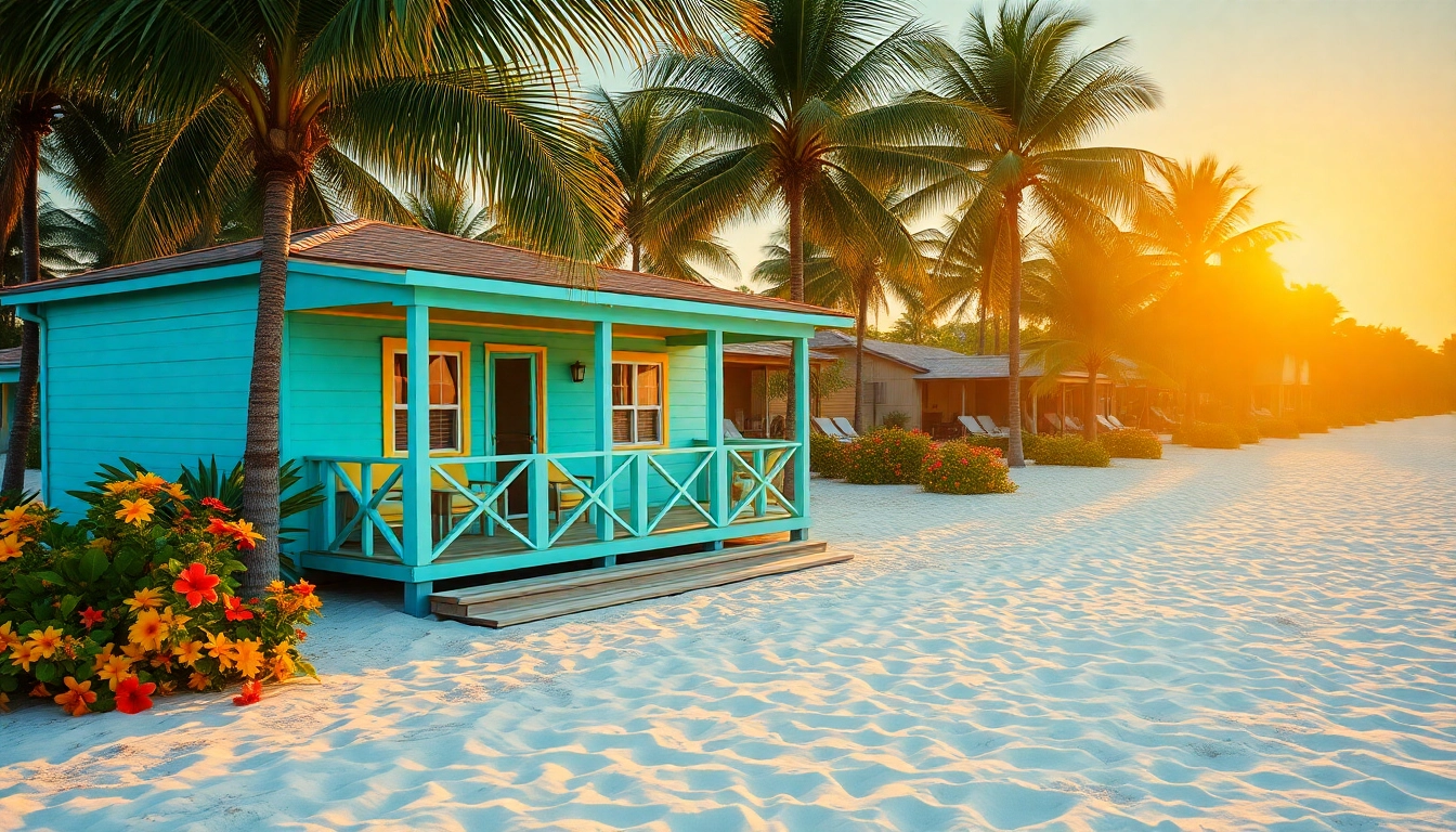 Relaxing coastal cabana with palm trees on a sunny beach, inviting atmosphere.