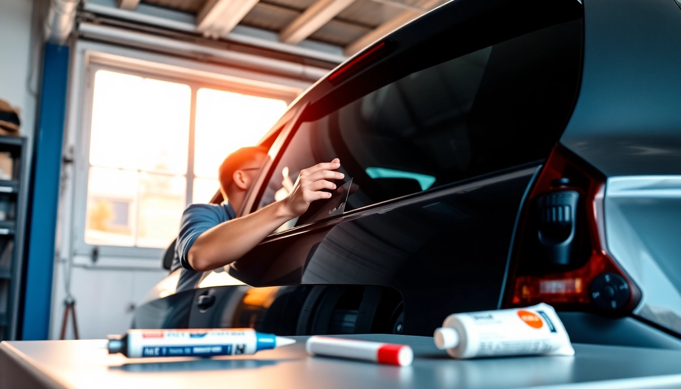 Performing back window replacement with precision in a professional garage setting.