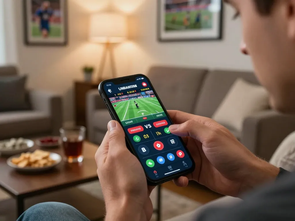 Engaged player using mobile app for online casinos in Canada reddit during sports betting event.