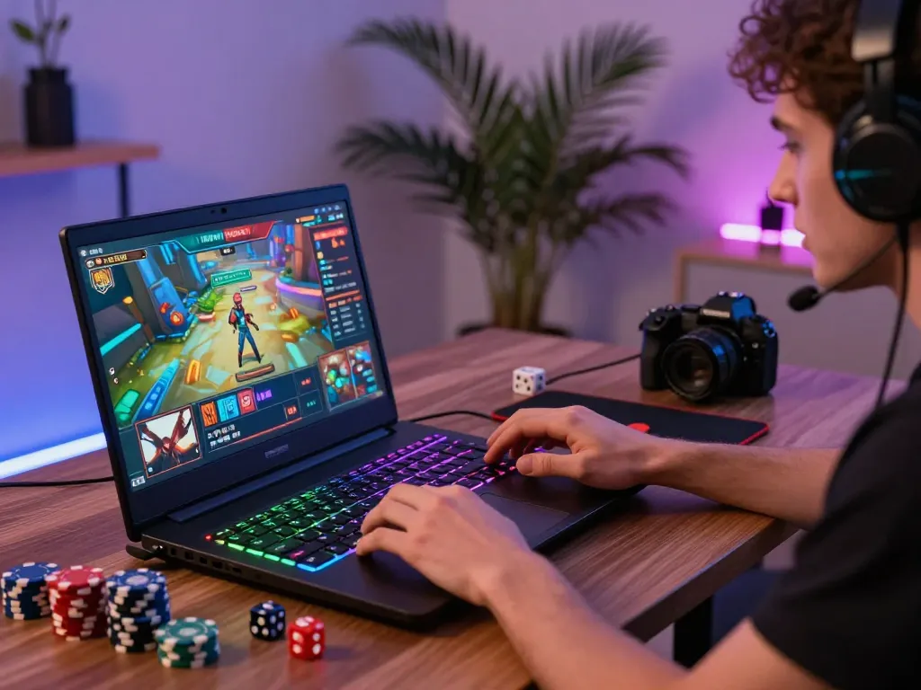 Player experiencing thrilling nsfw games on laptop with vibrant gaming setup