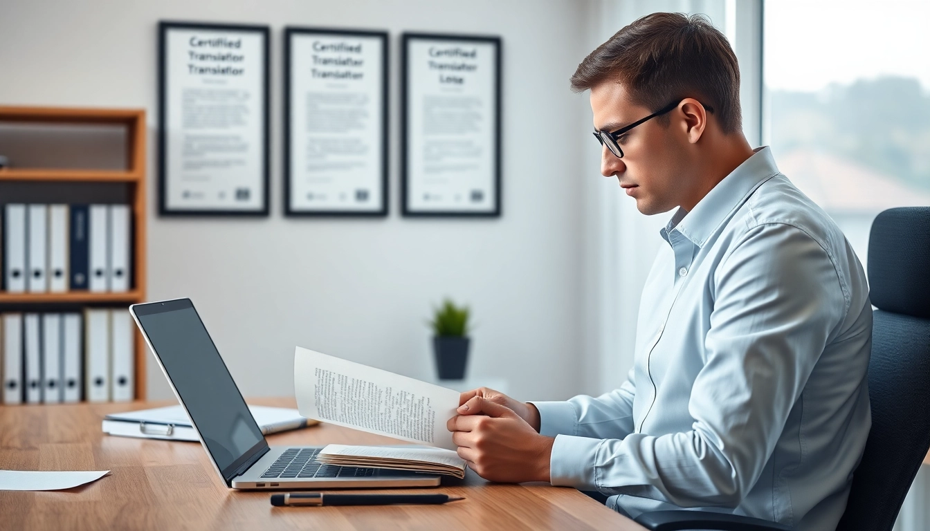 Professional translator reviewing documents for beëdigde vertaling in a modern office setting.