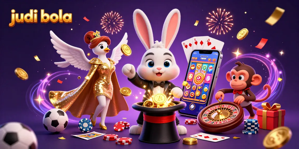 Engage in judi bola action with this vibrant scene featuring a magician, dove, and monkey amid golden coins and betting slips.