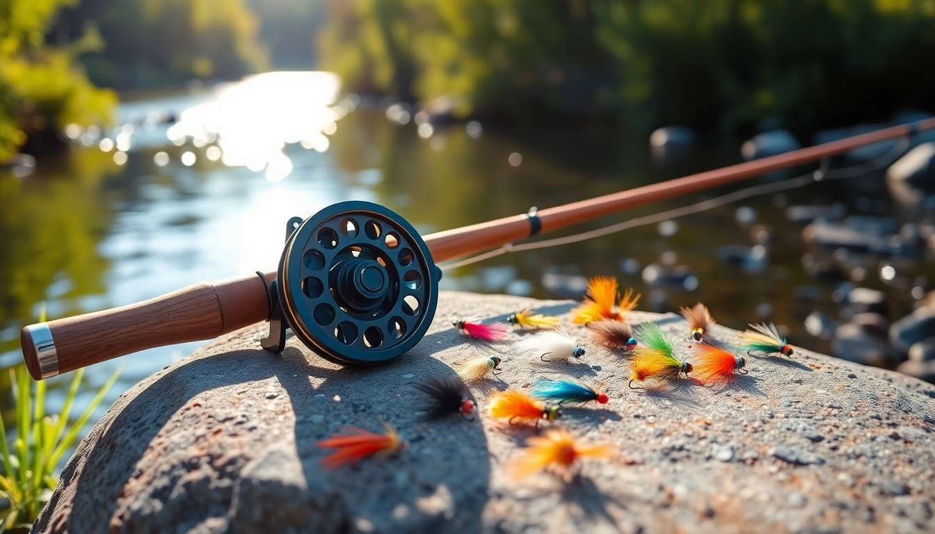 Showcasing a Fly fishing kit on a tranquil riverbank with vibrant flies and equipment.