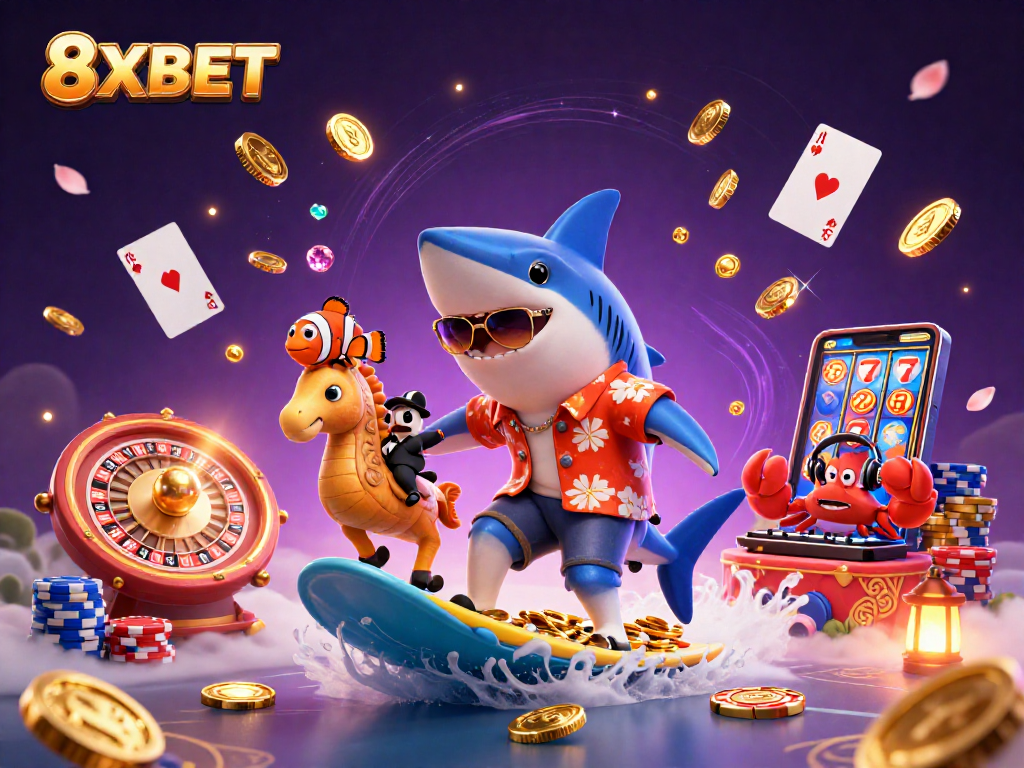 Experience exciting games at 8XBET with a vibrant underwater casino illustration featuring playful characters.