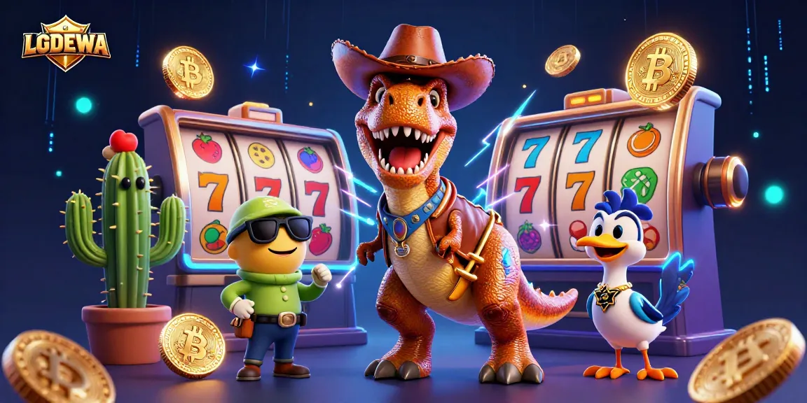 Experience endless fun with LGODEWA slots featuring a T-Rex, cactus, and a roadrunner amidst vibrant game elements.