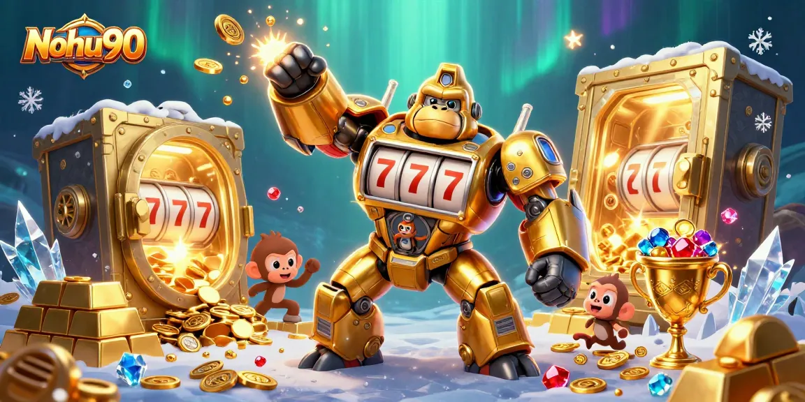 Nohu90 jackpot scene featuring a golden gorilla mech and treasure vault illustration with exploding coins