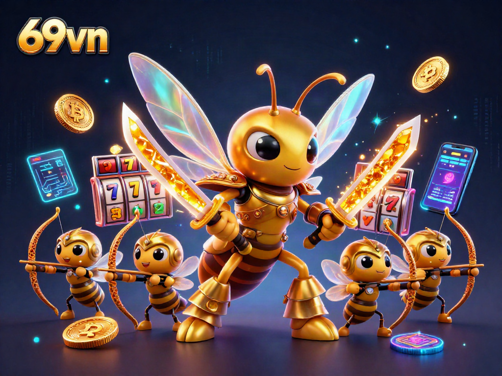 Engage in exciting gameplay strategies with 69vn slot elements and a dynamic golden hornet character.