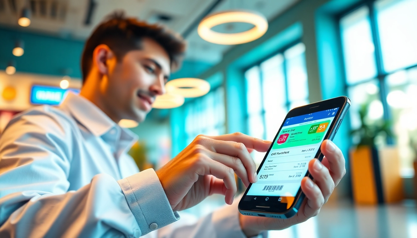 상품권소액결제: 활기차고 기술 친화적인 환경에서 스마트폰으로 상품권에 대한 디지털 결제를 하는 사람.