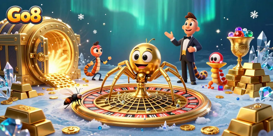 Experience thrilling bets at Go8 with cartoon spider and centipede in a casino-inspired web.