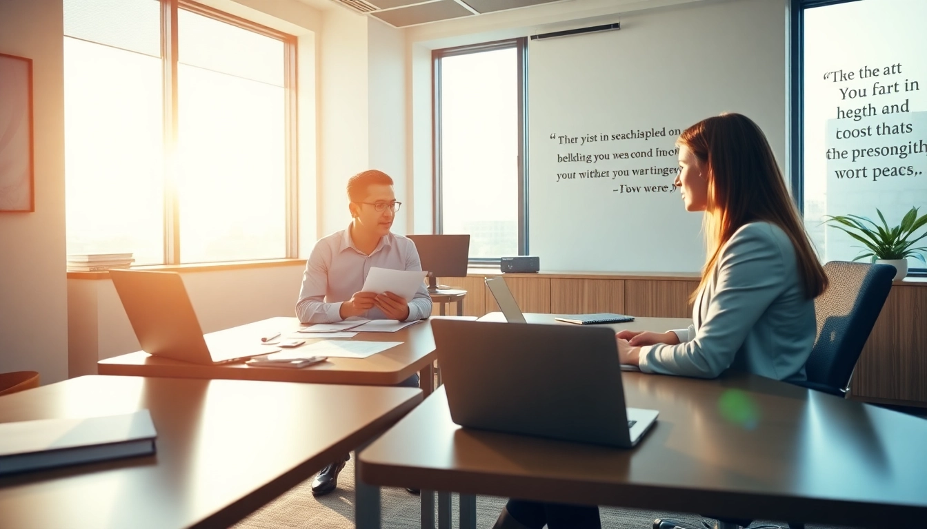 business coach near me guiding a client in a modern office setting with warm lighting.