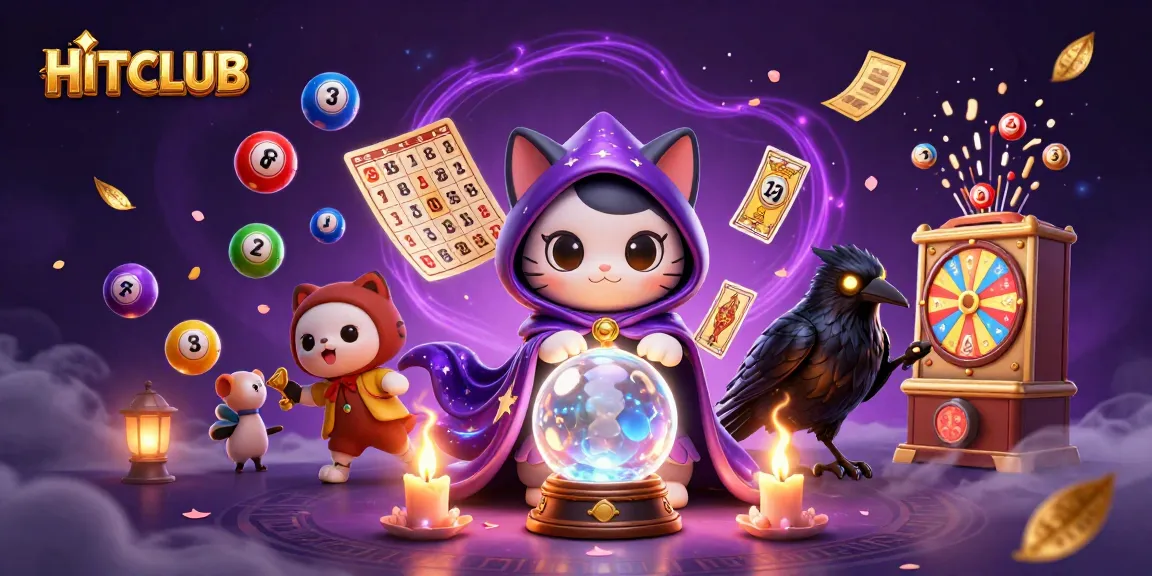 Join HITCLUB for an exciting gambling experience with vibrant lottery-themed illustrations.
