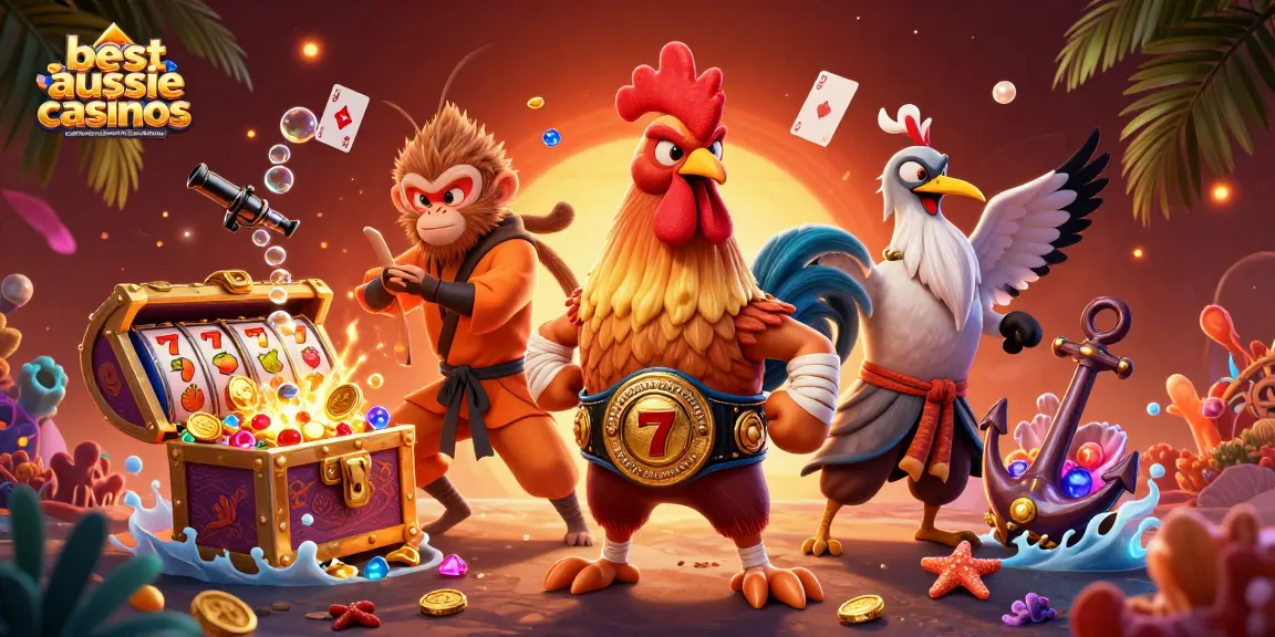 Engage with the best Aussie online casinos featuring a Muay Thai rooster and vibrant slot elements.