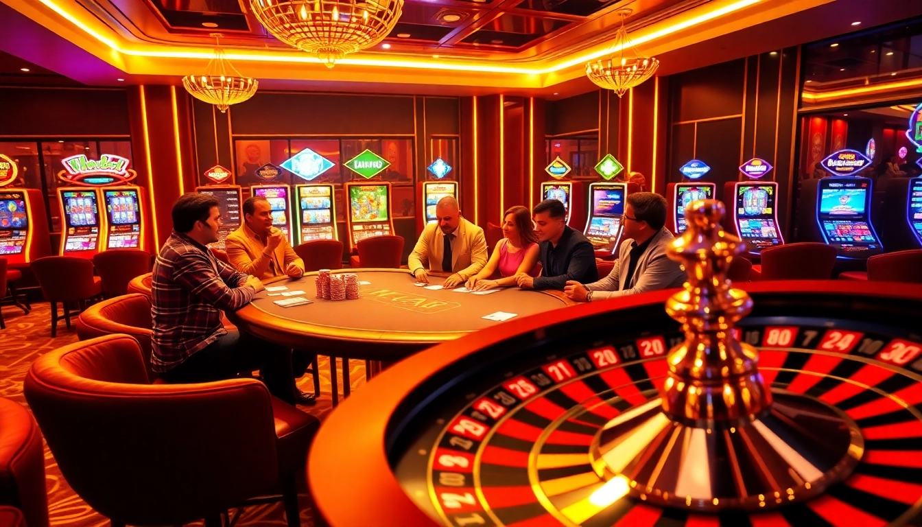 Thabet casino scene showcasing a vibrant poker table with excited players and shining slot machines.