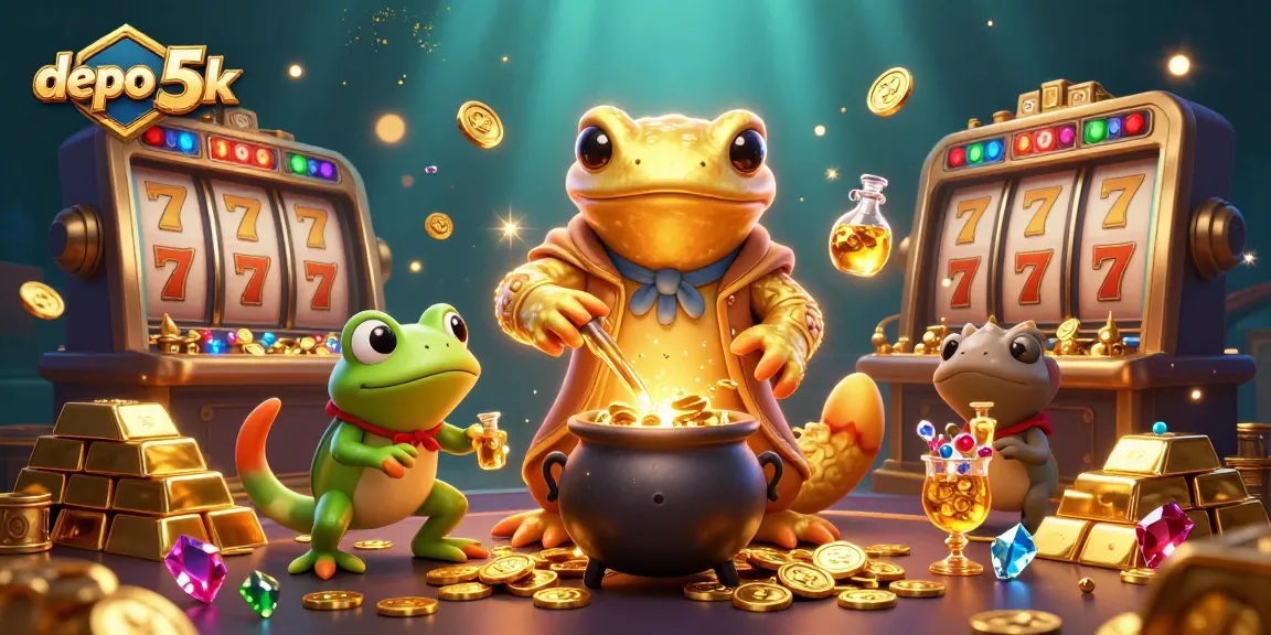 Spin the reels in a vibrant casino scene with depo 5k, featuring jackpots, gold coins, and magical characters.