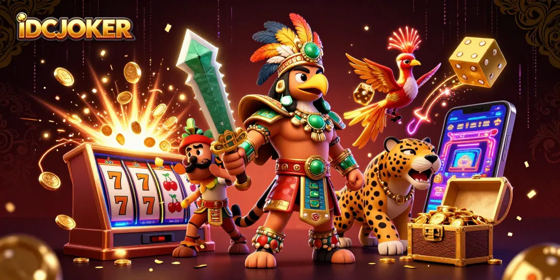 Experience thrilling slots at IDCJOKER with Aztec warriors and vibrant jackpots bursting around.