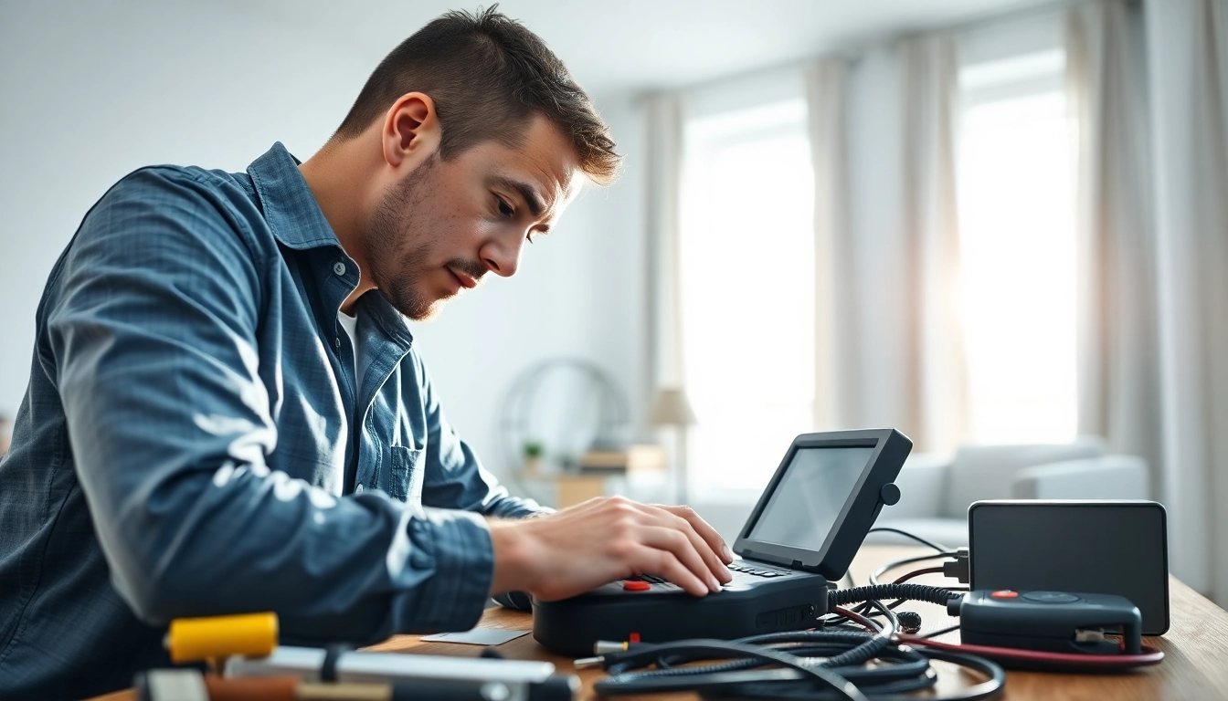 Engaged electrician providing electrical services vancouver in a bright, organized workspace with tools.