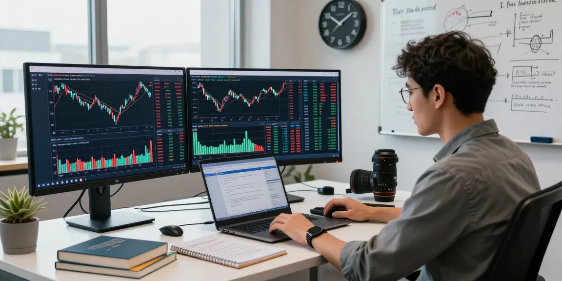 使用日股WebSocket推送接口进行实时市场数据分析的开发者在现代工作空间中专注于屏幕，展示全球股市的实时图表和数据。
