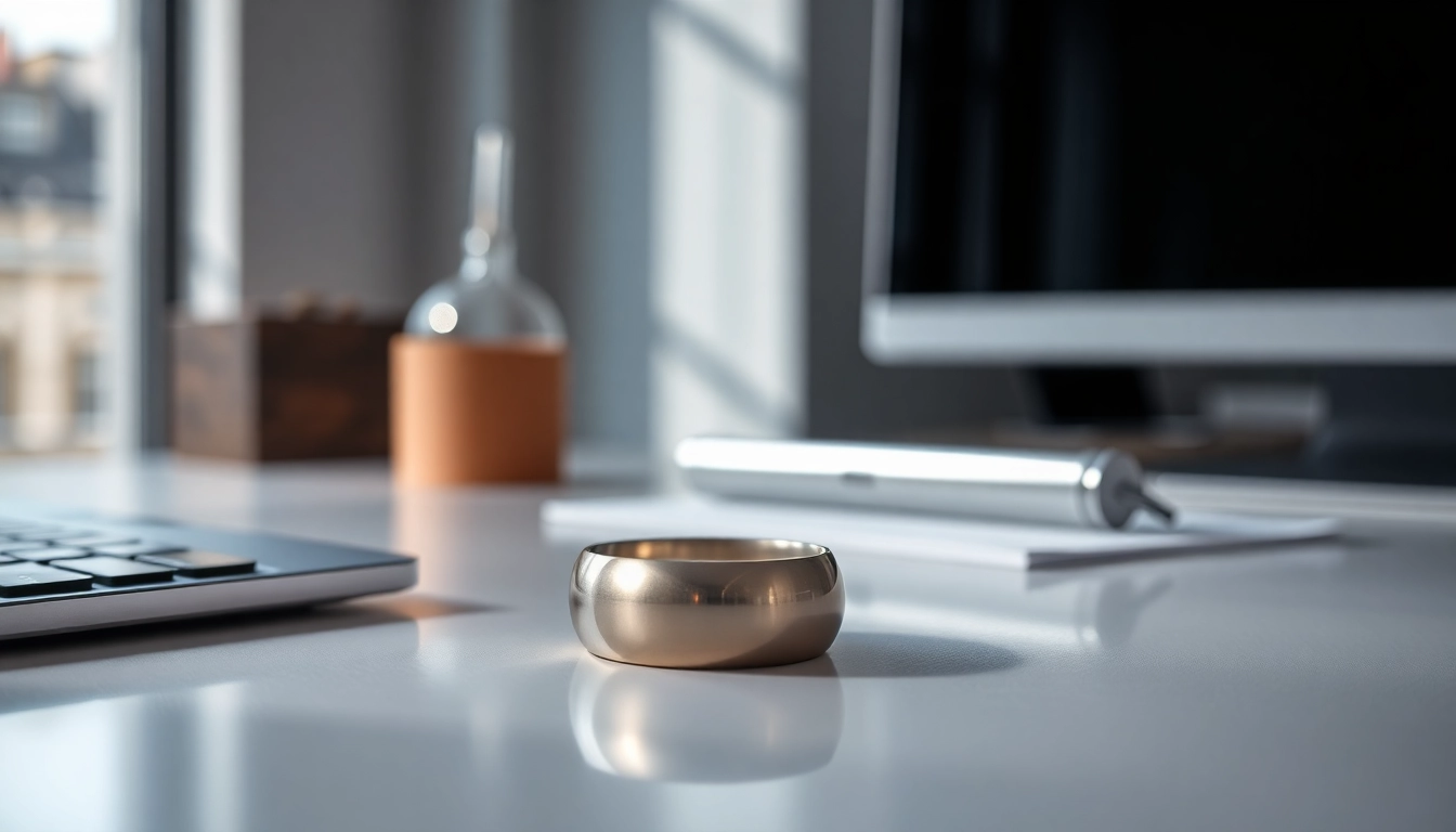 Showcasing a sleek Health Ring on a modern desk highlighting its design and features.