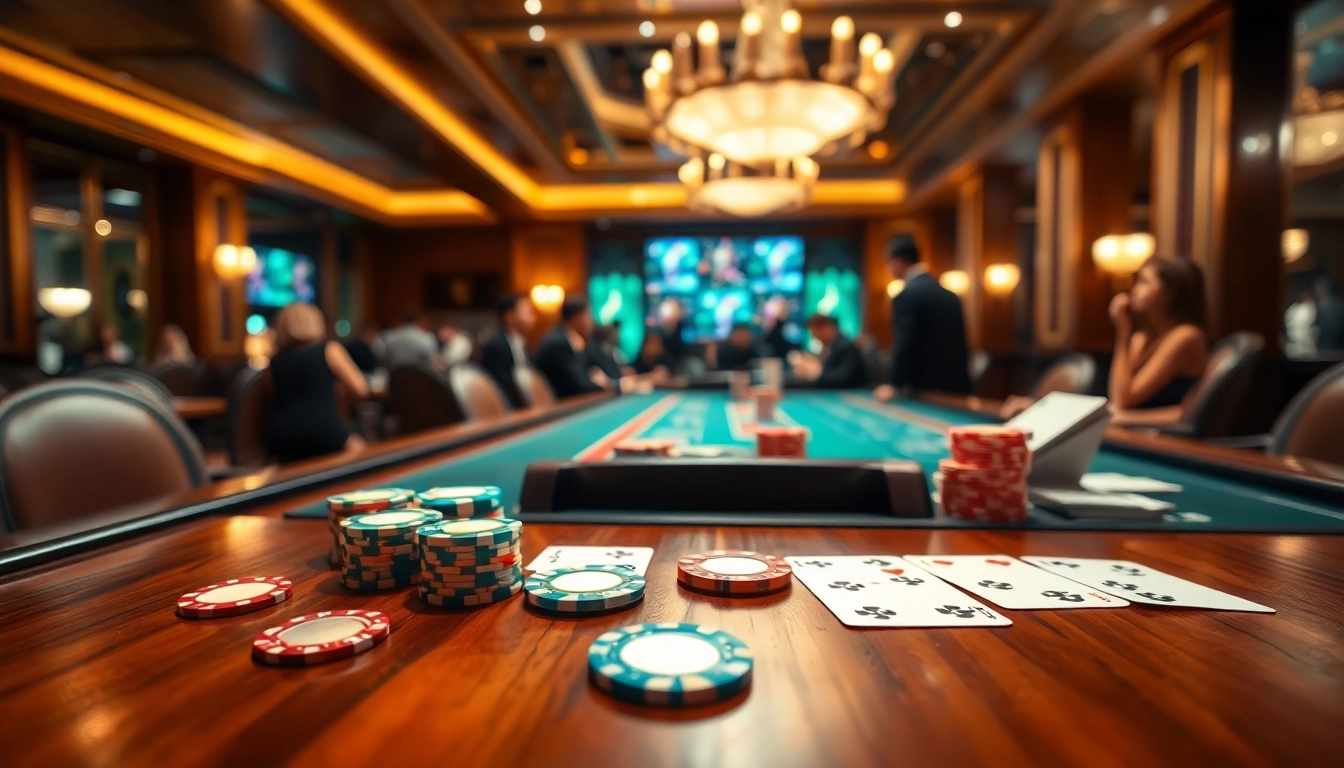 Casino spielen an einem eleganten Tisch mit fröhlichen Spielern.