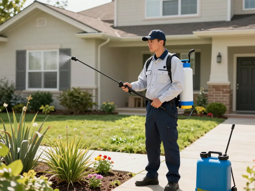 Pest control tips illustrated by a technician inspecting a garden, demonstrating effective pest management.