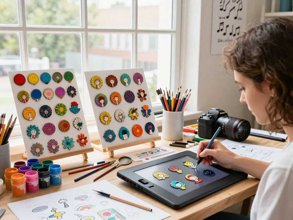 Creative workspace featuring custom acrylic pins and an artist designing new concepts.
