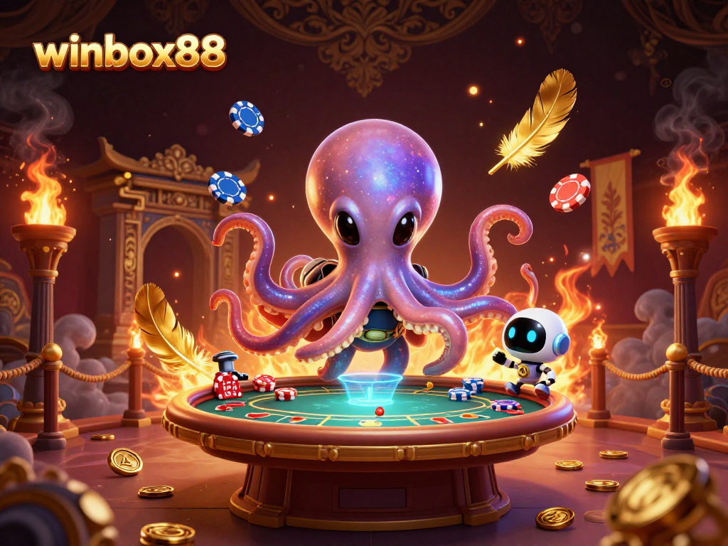 winbox88 features an alien octopus at a holographic poker table, surrounded by dynamic casino-themed elements.