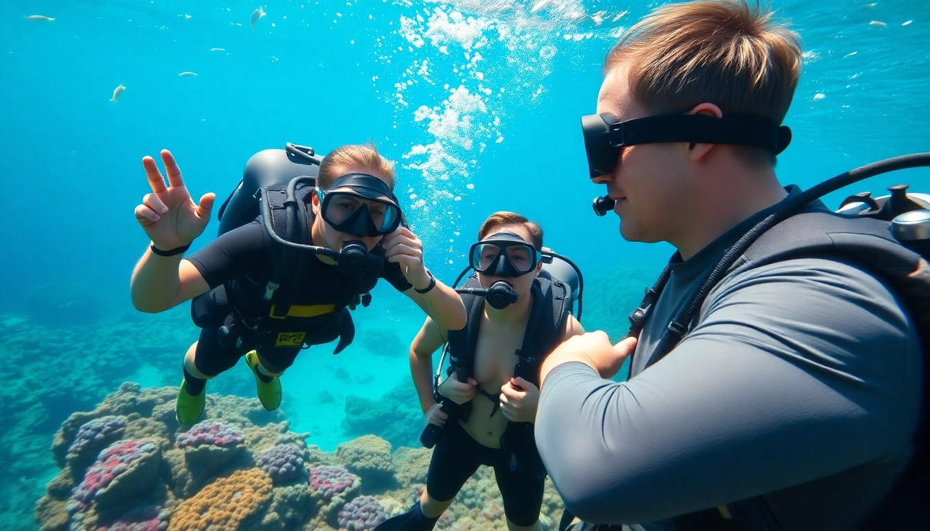 Tauchschule: Lively diving session with instructors and students in vibrant coral reef.