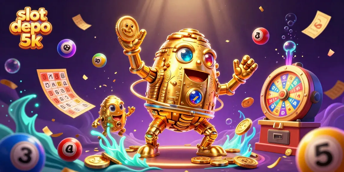 Experience the thrill of slot depo 5k with an ancient golden golem surrounded by dynamic lottery elements.