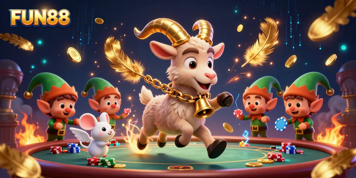 Engage with FUN88 in a vibrant 3D casino scene featuring festive characters and animated gambling elements.