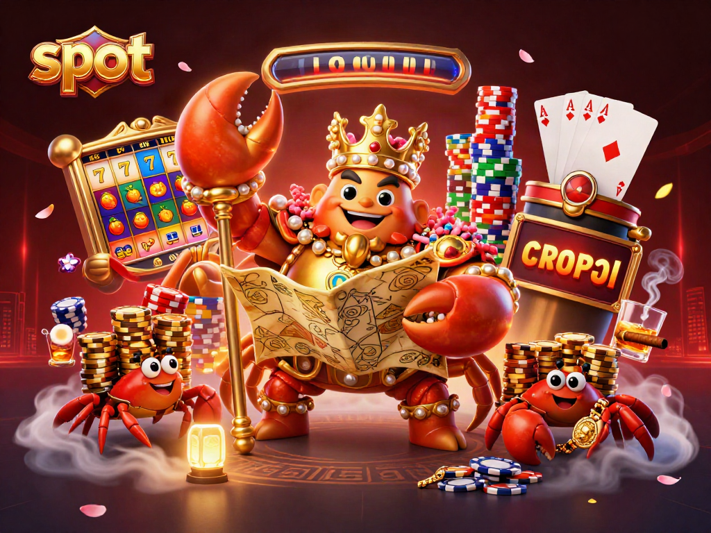 Engage with vibrant slot elements featuring a golden crab emperor and his crew in a lively casino scene