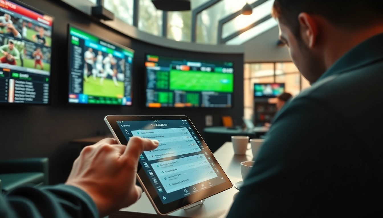 Engaging in sports betting on MM88 with a sleek tablet and vibrant screens showcasing live odds.