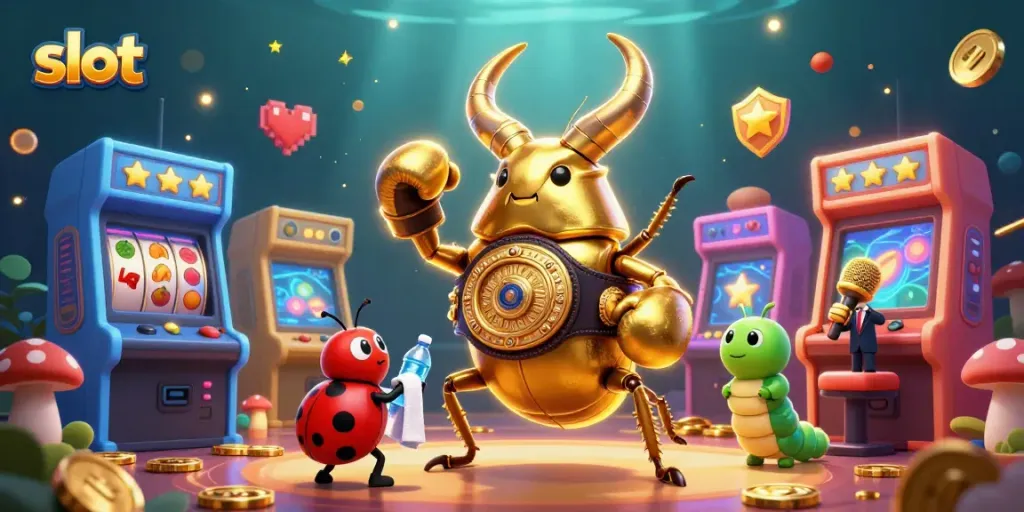 Engage in exciting slots action with a dynamic scene featuring colorful machines and unique characters.