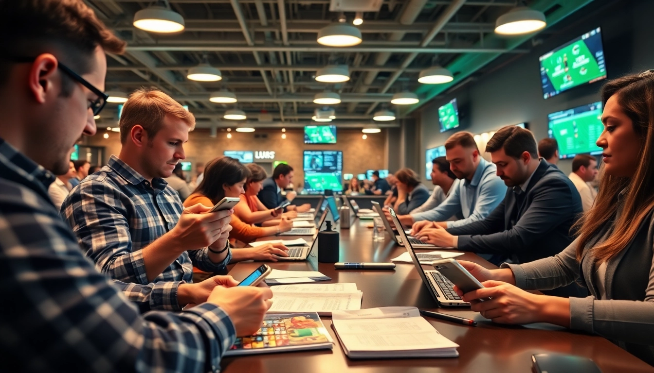 Engaged bettors analyzing best sports betting sites in India with mobile devices and laptops.