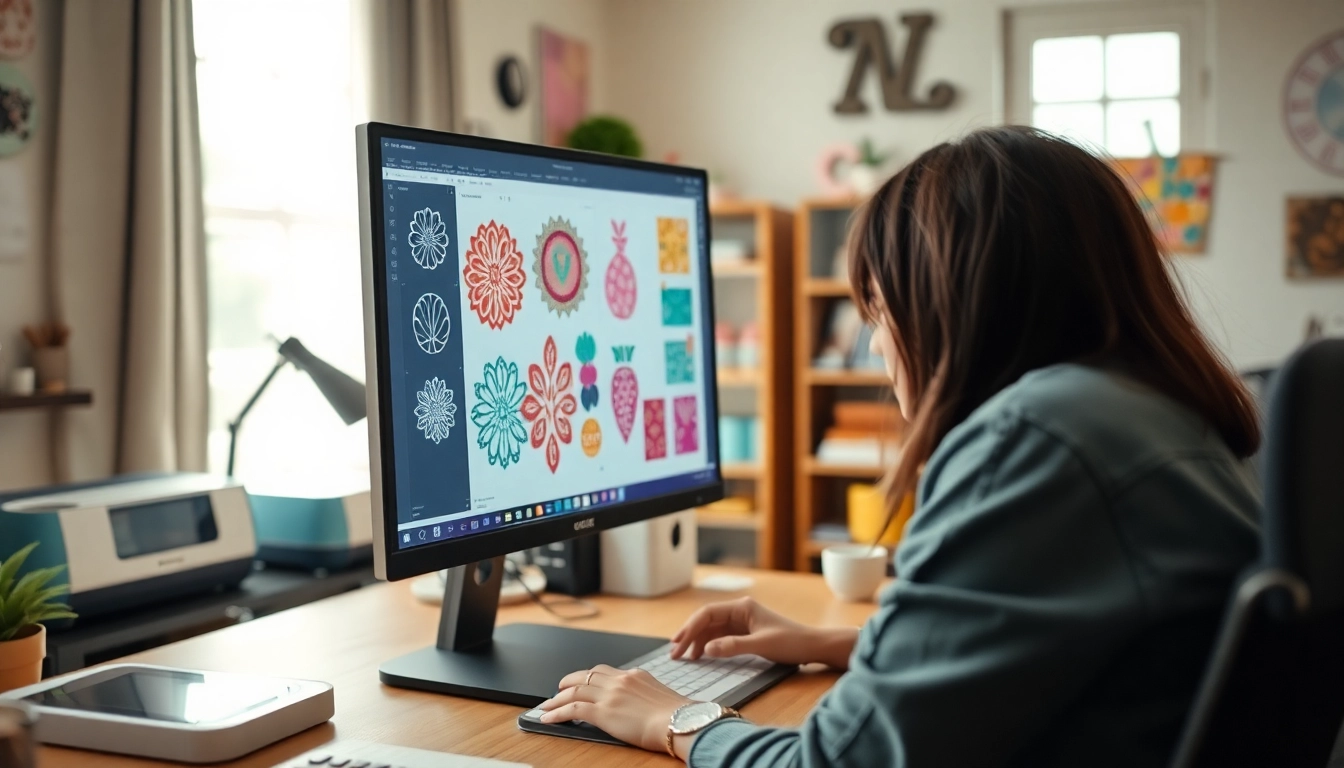 Download SVG cut files free download, showcasing a designer creating vibrant SVG graphics in a bright workspace.